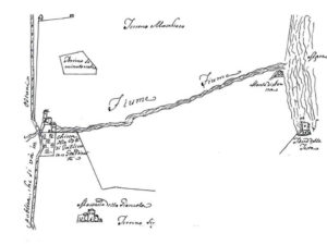 Fig. 3: il corso del Giancola nel tratto tra la via Traiana (Minucia), laddove era la chiesa di S. Maria di Gallico (oggi di Jaddico) e il mare, nei pressi di Torre Testa (anticamente Torre delle Teste di Gallico), da una mappa allegata al Cabreo della Grancia Fig. 3: the path of the river Giancola in the stretch between Via Traiana (Minucia), where there was the Holy Mary church of Gallico (today Jaddico), and the sea, nearby Torre Testa (previously known as Torre delle Teste di Gallico). Extrapolated from a map annexed to the Cabreo of Grancia