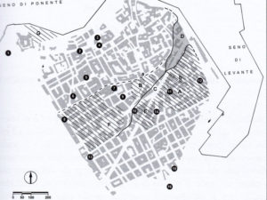 fig.1: Assetto urbano di Brindisi nel periodo normanno svevo, R. Alaggio; al n. 7 San Martino, cum hospitale, ancora riportato presso la chiesa di S. Maria degli Angeli mentre è cerchiata l’esatta collocazione, con la facciata visibile da Corte Passante  fig. 1: the urban structure of Brindisi in the Norman-Swabian period (R. Alaggio); at n. 7 there is the hospital of S. Martino, still reported at the Church of S. Maria degli Angeli, with a cyrcle showing its exact location, with the façade visible from Corte Passante